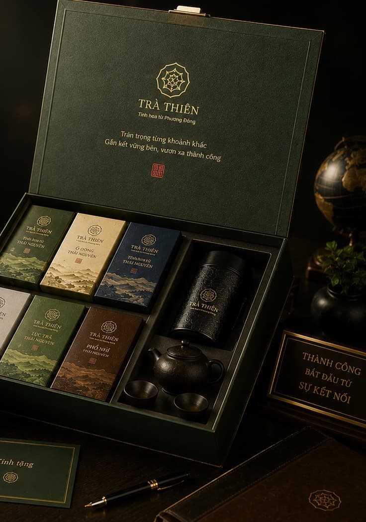 Hộp Trà Phú Quý — Sang trọng đủ đầy — bộ trà quý kèm ấm tử sa nhỏ.