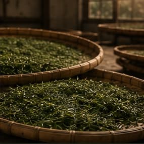 Bước 03 — Làm héo: Trải đều lá trà, làm héo để lá trà mềm và dậy hương.